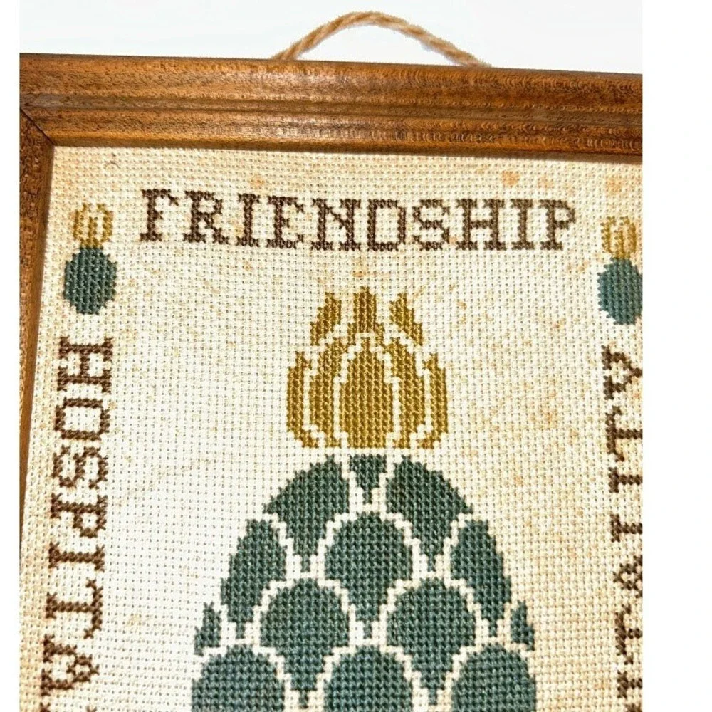 Vintage 1983 Pineapple Cross Stitch Framed Art Friendship Hospitality 8.5x6.5